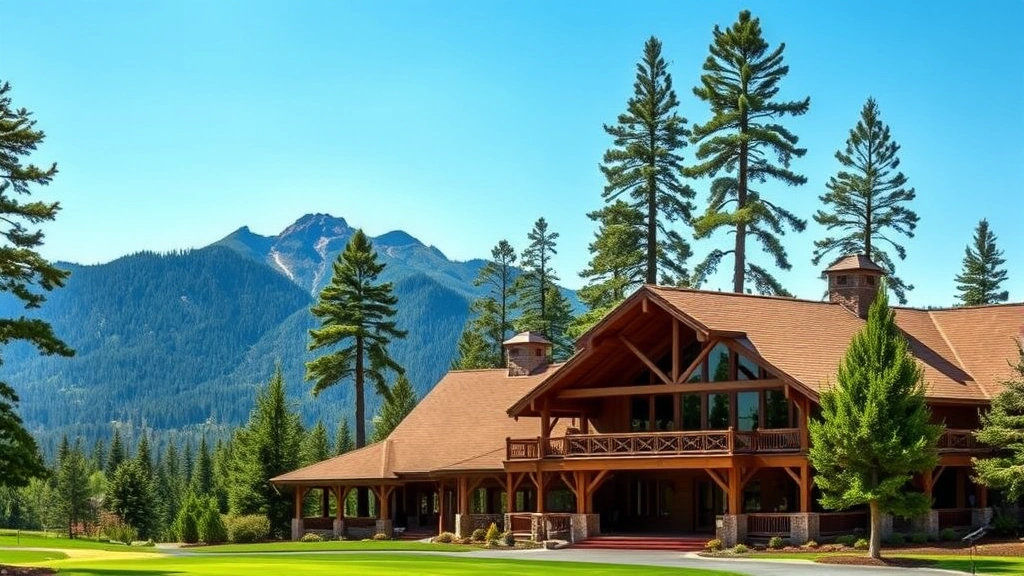 Golf course clubhouse exterior with wooden architecture nestled among tall pines, mountain vista background, peaceful natural setting, architectural landscape