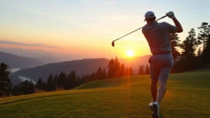 Professional golfer executing a full swing at sunrise on a scenic mountain golf course with lush fairways and pine trees in background, captured mid-follow-through
