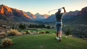 Professional golfer mid-swing on elevated tee box overlooking mountain valley landscape with native Utah vegetation and scattered pine trees, golden hour lighting