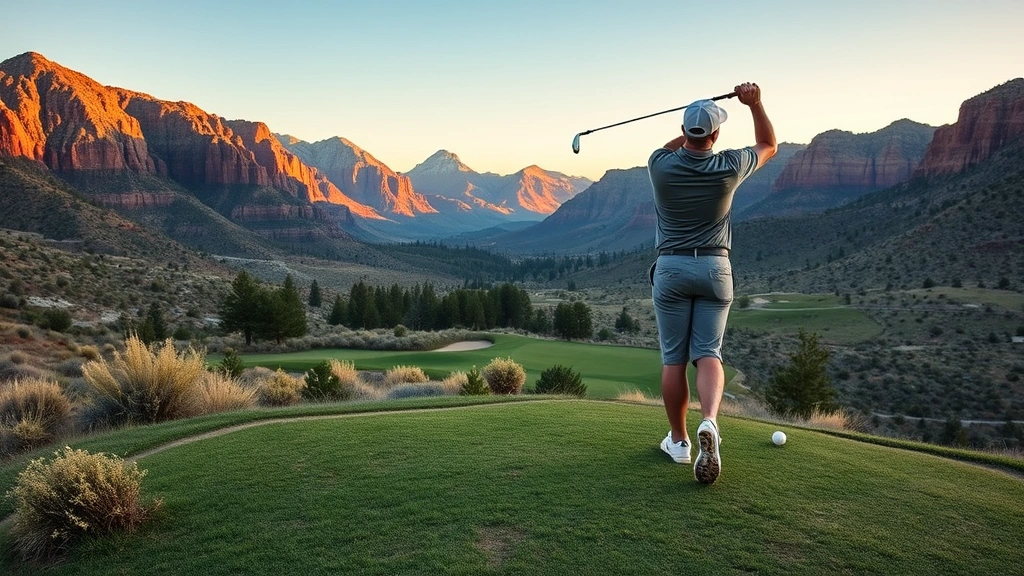 Professional golfer mid-swing on elevated tee box overlooking mountain valley landscape with native Utah vegetation and scattered pine trees, golden hour lighting