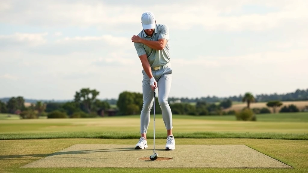 Golfer demonstrating proper stance and setup position on the tee box with perfect posture, knee flex, and alignment, wearing neutral colored golf attire