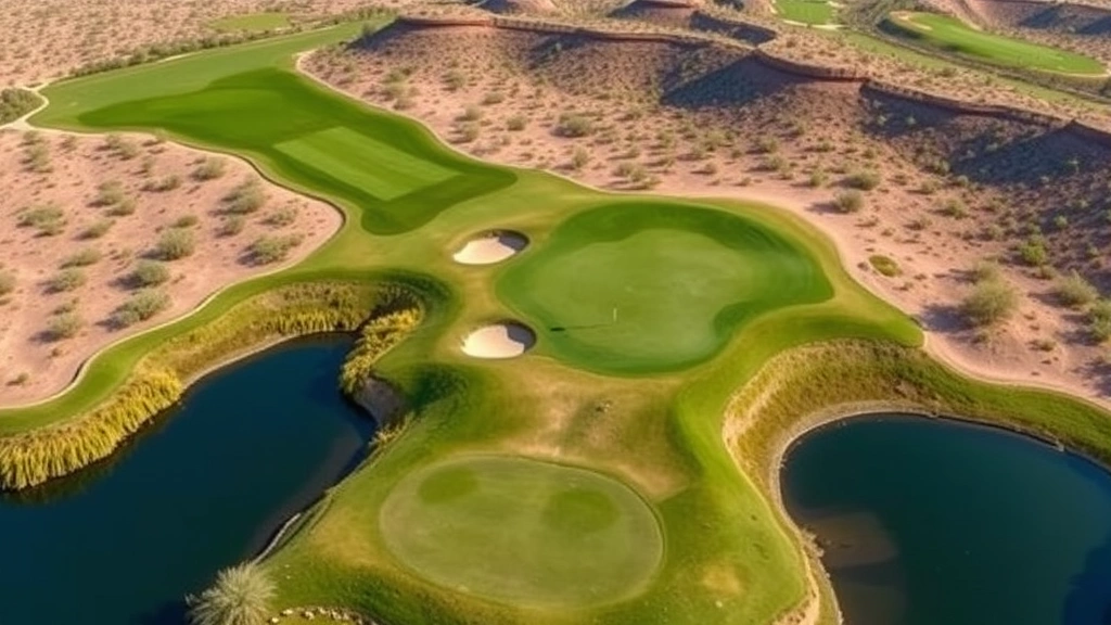 Aerial view of championship golf course hole featuring water hazard in foreground, manicured fairway, and elevated green surrounded by natural desert terrain