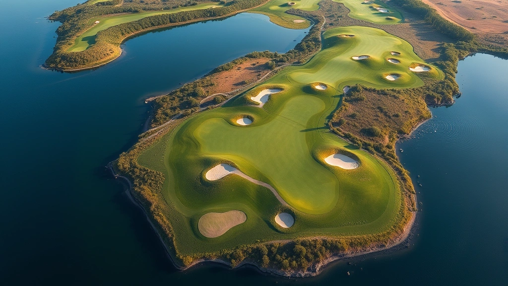 Aerial view of a challenging golf hole with water hazards, bunkers, and elevated greens showing strategic course layout and elevation changes