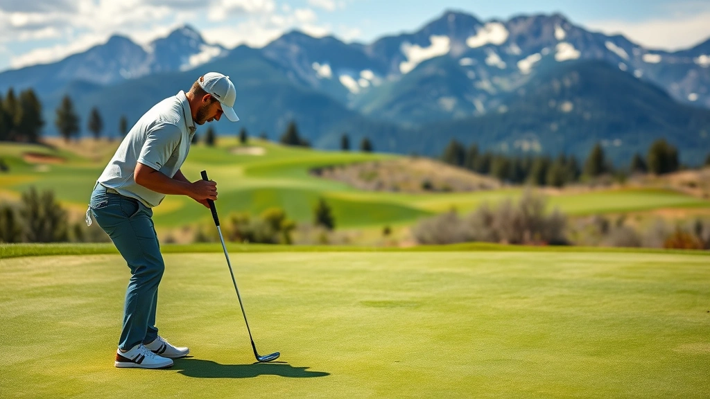 Golfer analyzing course conditions on putting green with mountain vista background, studying slope and break before executing putt shot