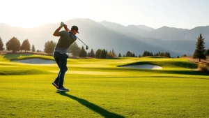 Professional golfer hitting shot from fairway with perfectly manicured green and bunkers visible, morning sunlight, mountain landscape background, no people visible except golfer