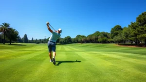 Professional golfer mid-swing on pristine fairway with manicured greens and blue sky, championship course setting, natural lighting