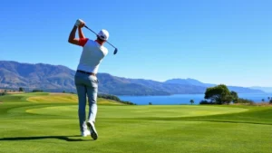 Professional golfer mid-swing on a pristine championship fairway with manicured green in background, dramatic landscape setting with mountains or water visible, clear blue sky, high-quality sports photography