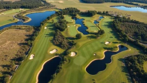 Aerial view of a championship golf course showing fairways, greens, water hazards, and surrounding landscape with professional maintenance