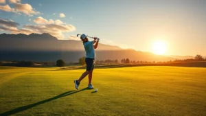 Golfer mid-swing on manicured fairway with mountain landscape backdrop, morning sunlight, professional golf course setting