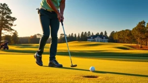 Professional golfer addressing ball on pristine fairway with perfectly manicured grass, distant clubhouse and trees framing background, golden hour lighting