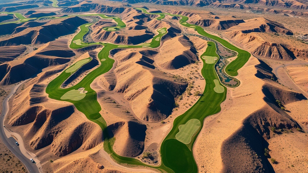 Wide aerial view of championship golf course routing through natural terrain with multiple holes visible, dramatic elevation changes, desert or mountain setting, pristine fairways and greens