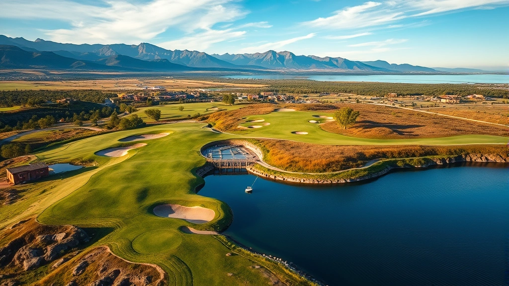 Aerial view of dramatic golf course hole with water hazard, bunkers, and mountain landscape backdrop, showing course design excellence