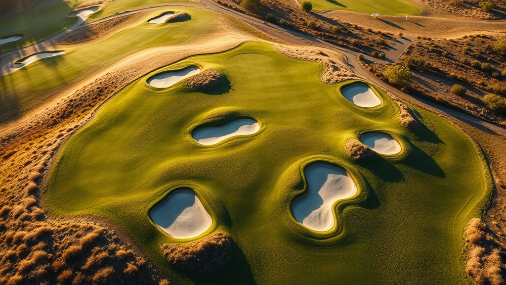 Aerial view of an elegantly designed golf hole showing strategic bunkers, fairway routing, and natural landscape integration, morning light casting shadows, showing course design excellence