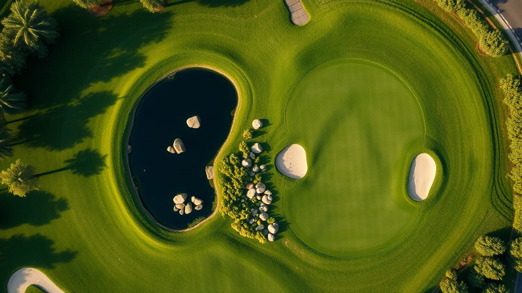 Aerial view of beautifully designed golf green with bunkers and natural water feature, pristine conditioning, lush landscaping