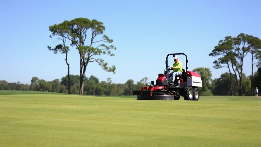 Golf course superintendent operating maintenance equipment on a perfectly manicured fairway with clear blue sky and trees in background