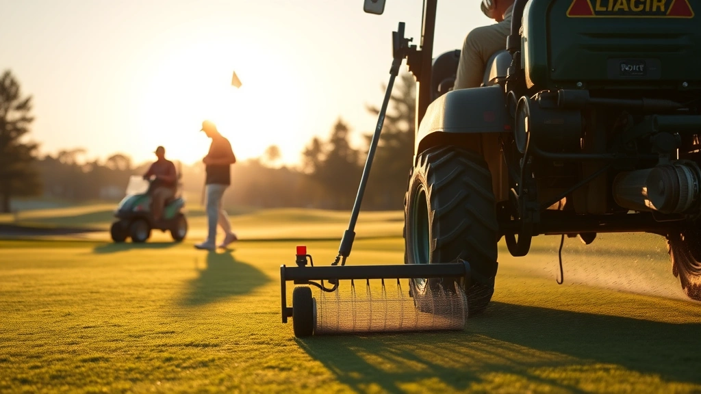 Close-up of golf course maintenance crew preparing greens with equipment, early morning light, showing dedication to course conditioning, no text or signage visible