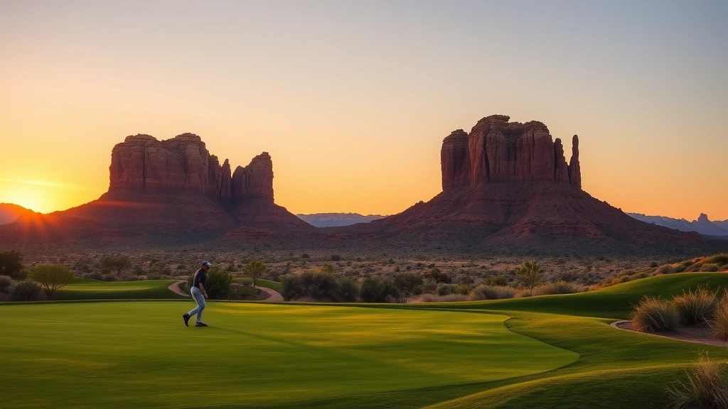 Golfer walking fairway at sunset with desert rock formations and stunning terrain, regional course beauty and natural landscape integration