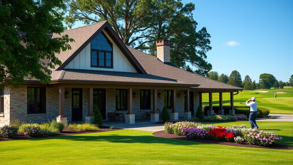 Upscale golf course clubhouse exterior with practice range visible, well-maintained grounds with flowering gardens, golfers in background on fairway, peaceful and exclusive atmosphere