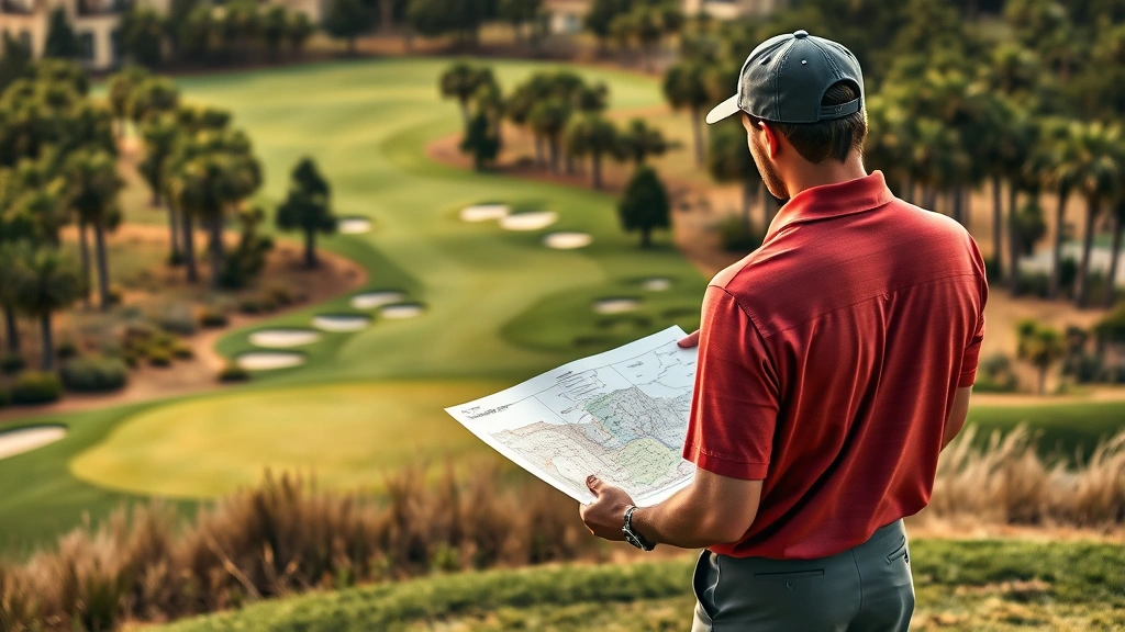 Golfer reviewing course map before teeing off, standing on tee box overlooking dramatic hole design with strategic hazards
