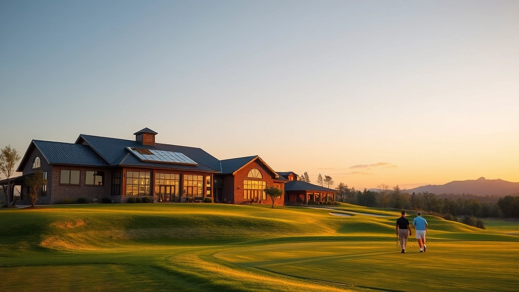 Upscale golf clubhouse with modern architecture, practice range, and golfers walking on course during golden hour lighting