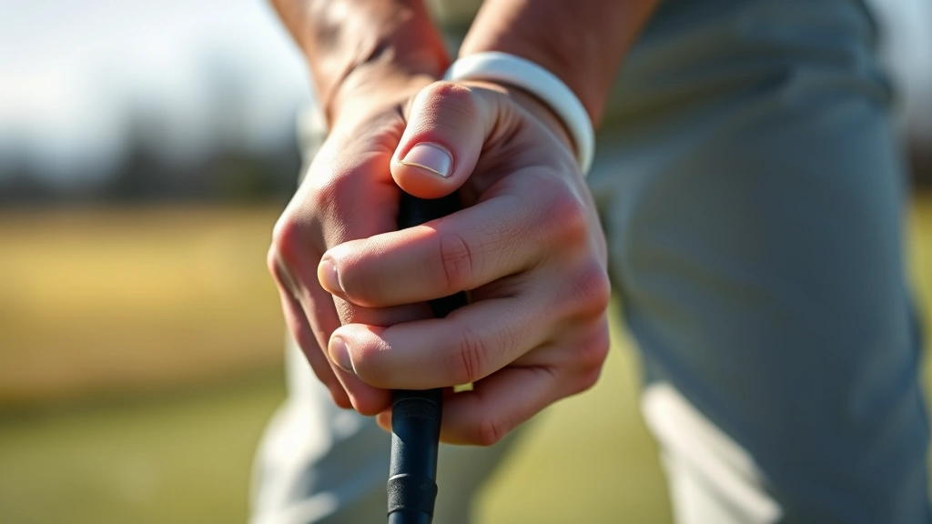 Close-up of golfer's hands gripping golf club properly, showing correct hand position and grip pressure on driving range with blurred background, natural daylight