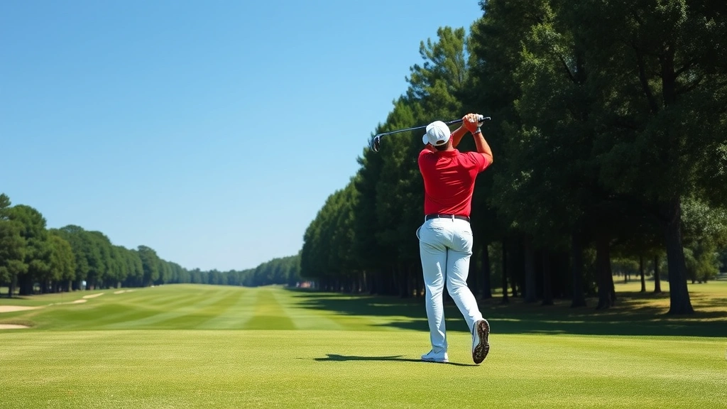 Golfer mid-swing on a well-manicured fairway with trees lining the course, clear blue sky, professional setup