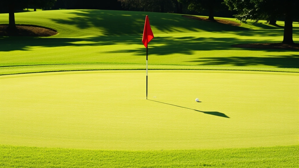 Putting green with flag, manicured grass, natural lighting showing course maintenance quality, peaceful setting