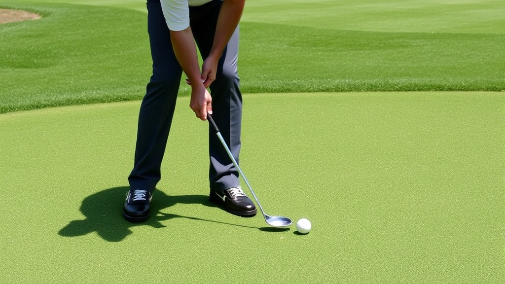 Golfer practicing chip shot on practice green, showing short game technique with focus on hand position and club path, demonstrating proper chipping form