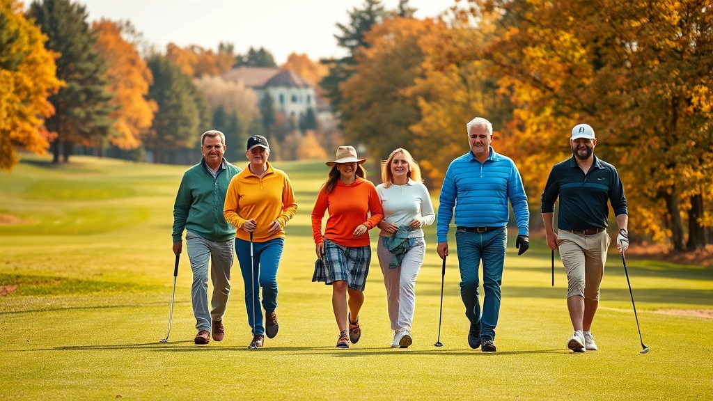 Group of diverse golfers walking down a scenic fairway in autumn with foliage, enjoying recreational golf together