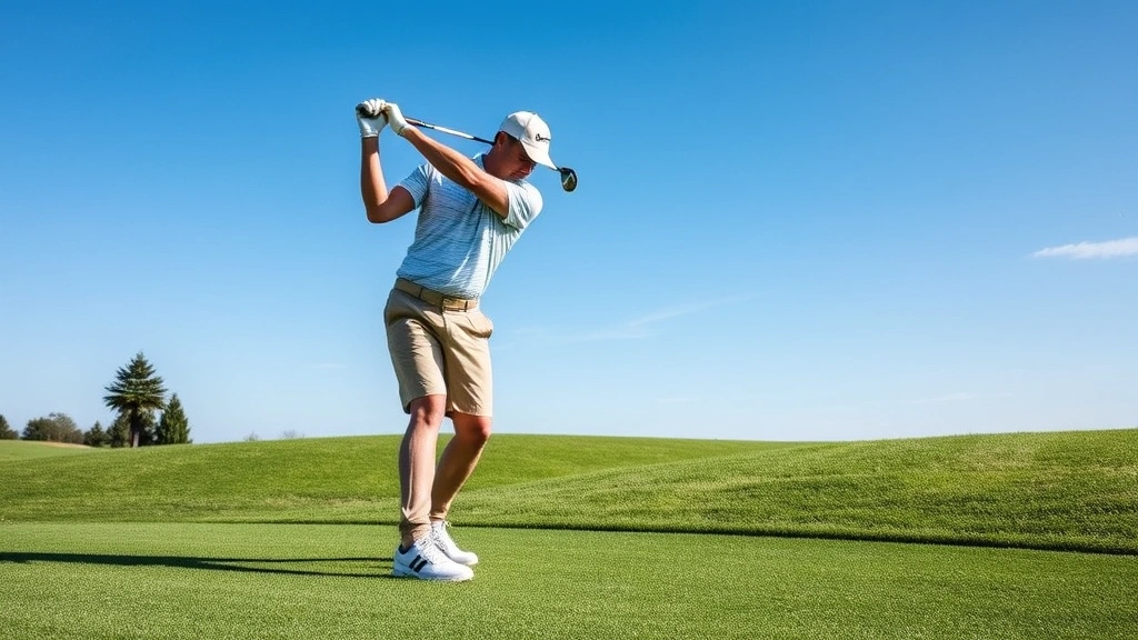 Professional golfer mid-swing on fairway with manicured grass and blue sky, demonstrating proper golf technique and form during actual play