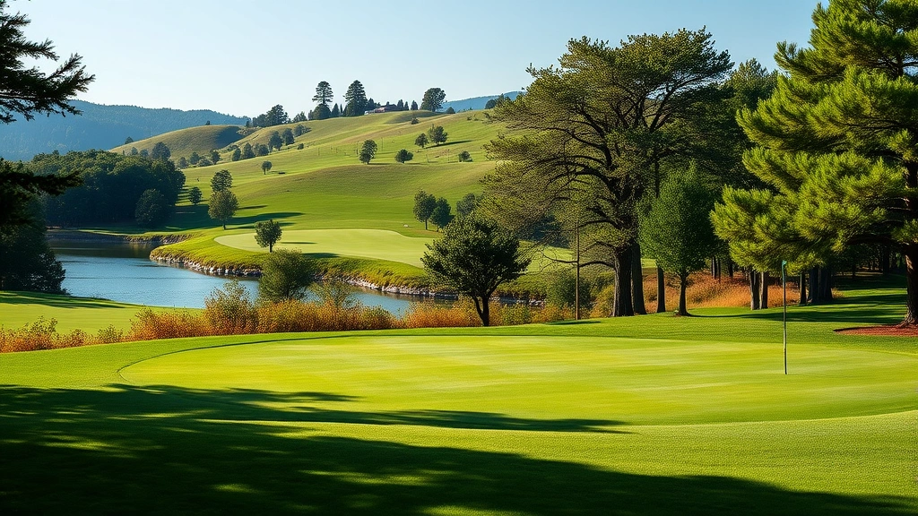 Scenic golf course landscape showing elevated tee box, rolling terrain, water hazard, and green with mature trees framing the hole