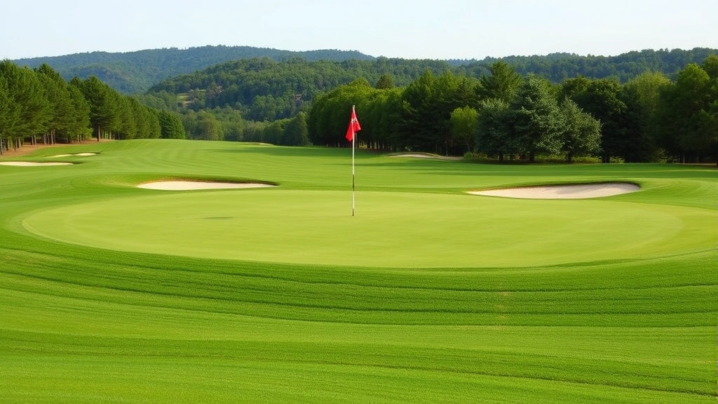 Well-maintained golf green with bunkers and flag, pristine grass conditions, natural landscape background, professional course grooming evident