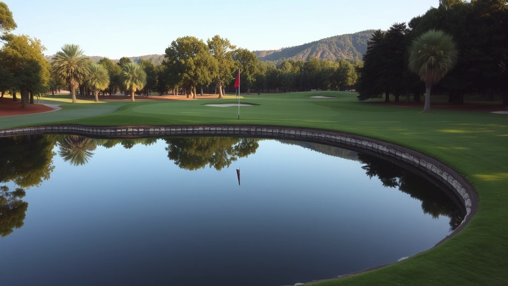 Golf course hole with water hazard reflecting trees, strategic design elements visible, natural terrain variations, peaceful golf environment