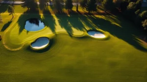 Aerial view of manicured golf course fairway with bunkers and water hazard, morning sunlight casting shadows across pristine grass, trees lining the hole in background