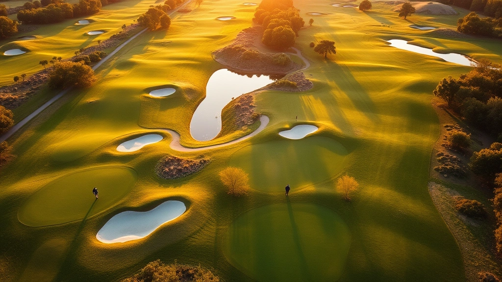 Aerial view of a pristine championship golf course with manicured fairways, strategically placed bunkers, and water hazards visible from above, showing the complete layout of holes with golfers walking between greens during golden hour light