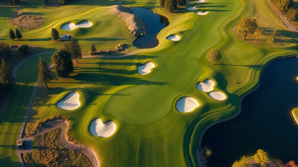 Aerial view of an 18-hole championship golf course with manicured fairways, strategic bunkers, and water hazards visible from above, showcasing professional-grade course design and maintenance standards