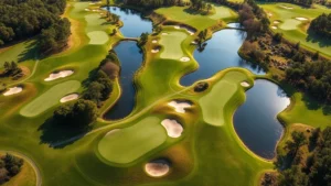 Aerial view of a pristine golf course with manicured fairways, strategic water features, and wooded borders, showing multiple holes with defined routing under natural daylight, professional championship venue