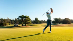 Professional golfer mid-swing on pristine fairway with manicured rough and distant trees, morning light creating shadows, clear blue sky, professional championship golf course