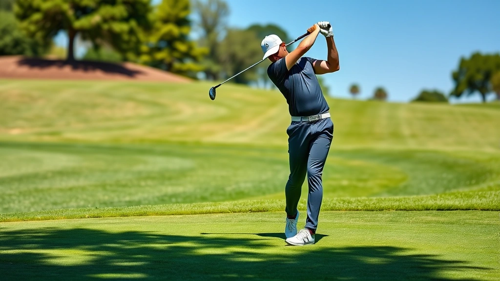 Professional golfer mid-swing on manicured fairway with lush green grass and clear blue sky, demonstrating proper athletic posture and balanced stance during downswing
