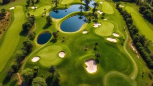 Aerial view of a lush, well-manicured championship golf course with emerald fairways, strategic water hazards, and carefully placed bunkers under bright daylight. Professional-quality course conditions with distinct hole layouts visible from above, trees lining fairways, and manicured rough areas.