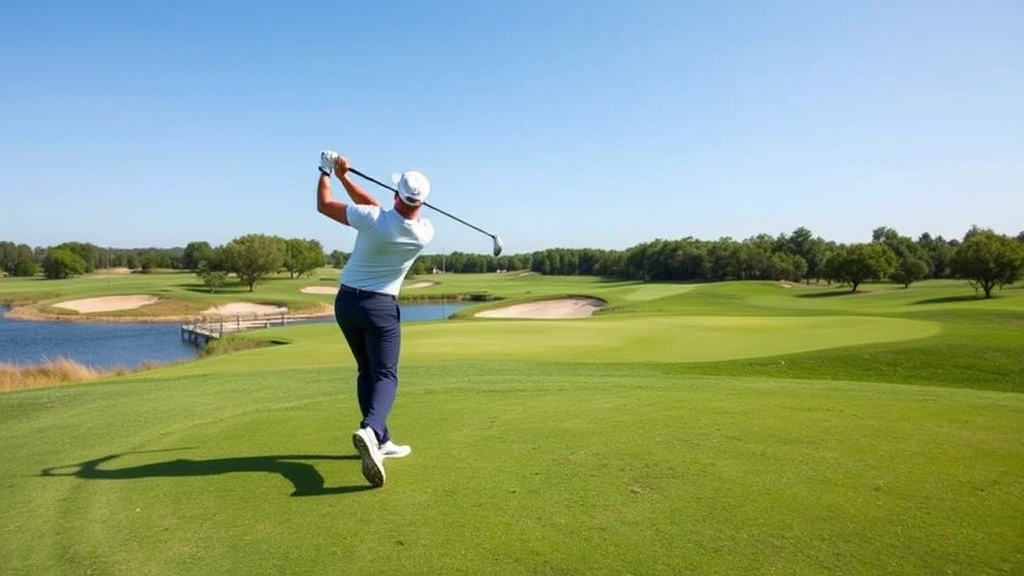 Professional golfer mid-swing on manicured fairway with bunkers and water hazard visible, lush green grass and clear sky, championship golf course setting