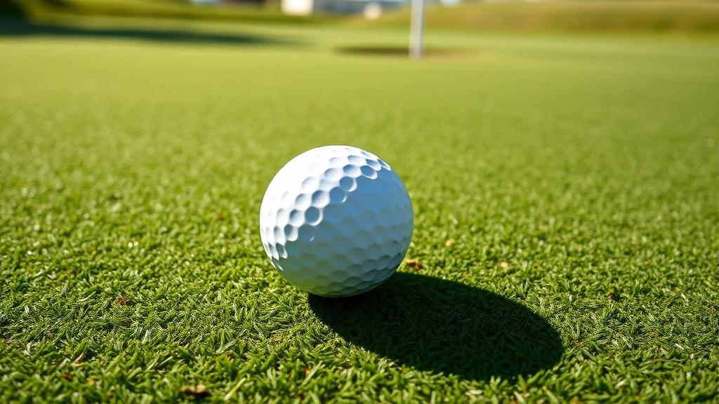Close-up of golf ball on championship-quality green with subtle undulations and shadows, pin flag visible in distance, professional turf maintenance evident