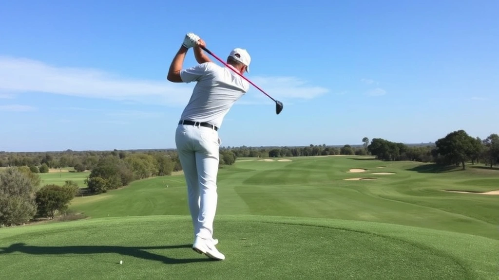 Professional golfer in mid-swing on a difficult par 4, with focus and concentration visible, standing on elevated tee box overlooking a fairway with hazards, demonstrating technical execution and strategic positioning