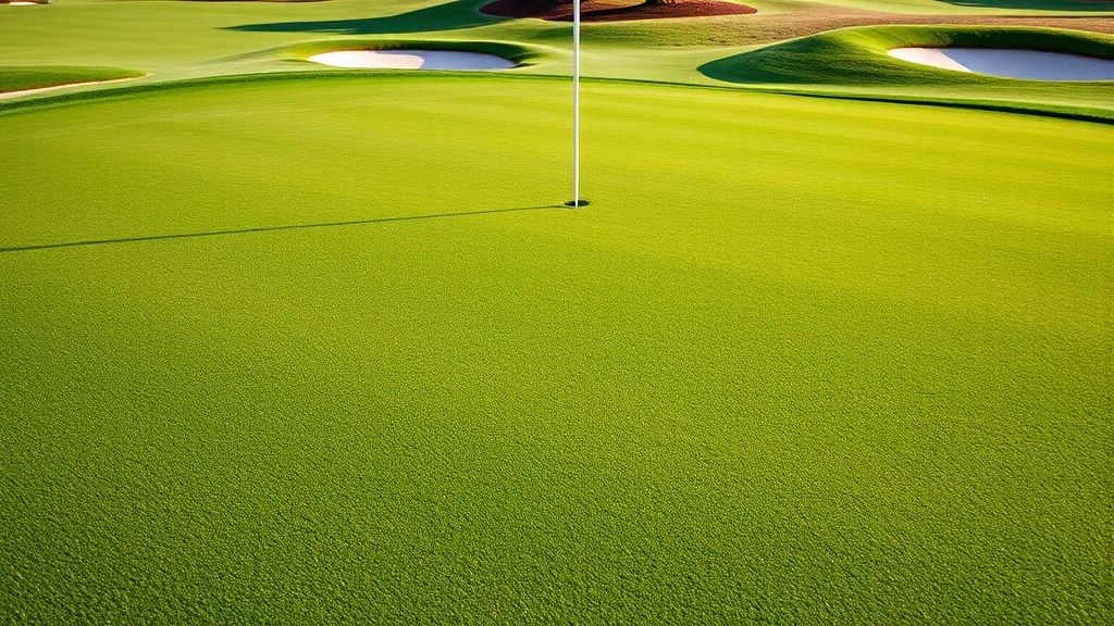 Close-up of a well-maintained golf green with subtle contours and surrounding bunkers, showing pristine turf quality and strategic pin placement in a championship golf course setting