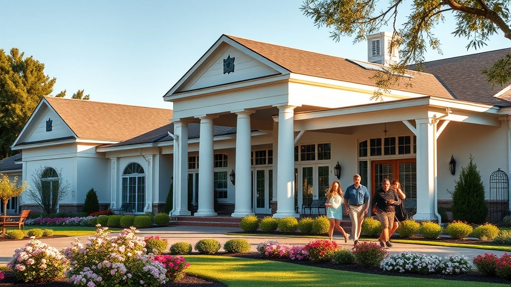 Modern golf clubhouse exterior with columned entrance, manicured landscape with flowering shrubs, members walking on patio, afternoon sunlight, upscale country club aesthetic