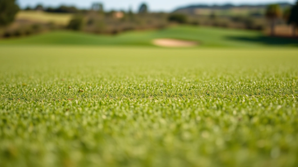 Close-up of an immaculate putting green with pristine grass, showing the detailed maintenance quality of a championship course. Perfect turf conditions, smooth surface, and professional-grade maintenance visible, with golf course landscape blurred in background.
