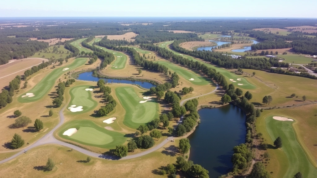 Aerial view of pristine golf course holes with rolling terrain, tree-lined fairways, multiple bunkers, and water features creating intricate layout design
