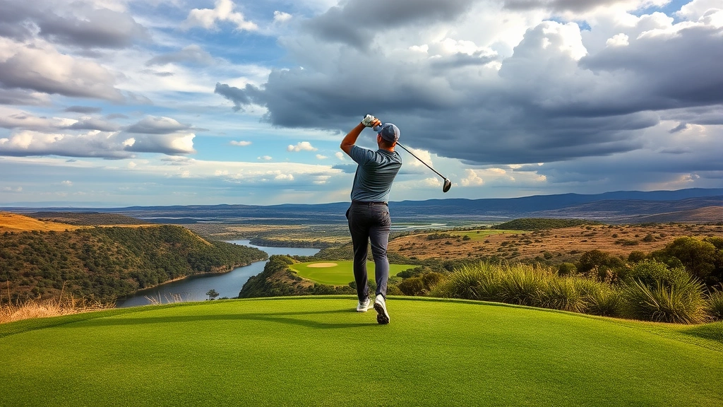 Golfer mid-swing on elevated tee box overlooking scenic valley landscape, dramatic sky, natural vegetation and water features framing the hole below