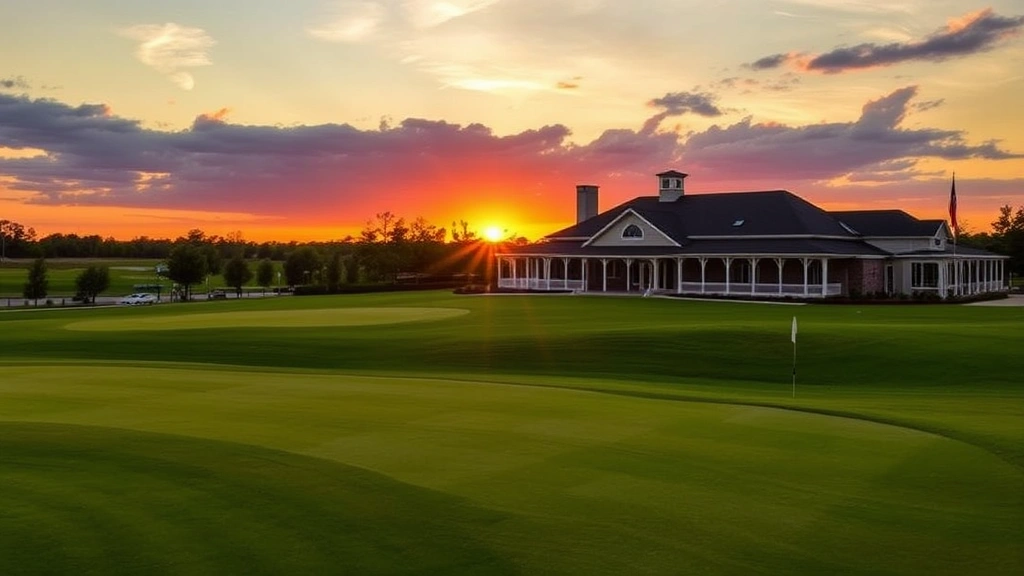 Sunset view of a championship golf course clubhouse with practice range visible in background, featuring pristine turf, golf course architecture, and professional facility amenities