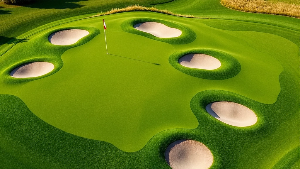 Close-up of a golf course green complex with multiple bunkers, undulating contours, and flag pin placement, showing the strategic design elements that create challenging approach shot decisions for players